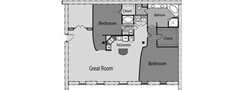 a floor plan of a room with a bedroom and a bathroom
