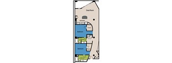 A floor plan of a house with two bedrooms, a kitchenette, and a great room.