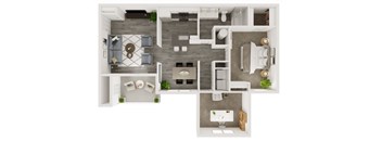 A top-down view of a small apartment with a kitchen, living room, and bathroom.