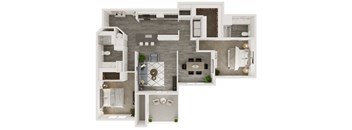 A top-down view of a house layout with a kitchen, living room, and bathroom.