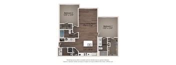 A floor plan of a two bedroom apartment with a living room and a bathroom.