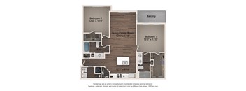 A floor plan of a two bedroom apartment with a living room and balcony.