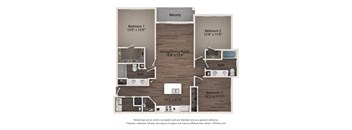 A 3D floor plan of a home with three bedrooms and a living/dining room.