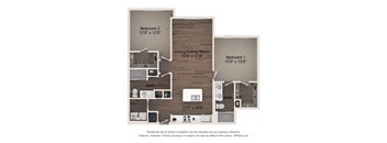 A 3D floor plan of a house with three bedrooms and a living/dining room.