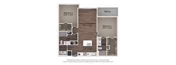 A floor plan of a two bedroom apartment with a living room and a balcony.