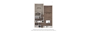 A diagram of a room with a bedroom, bathroom, and living/dining room.