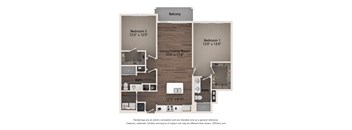 A diagram of a two bedroom apartment with a living room and balcony.