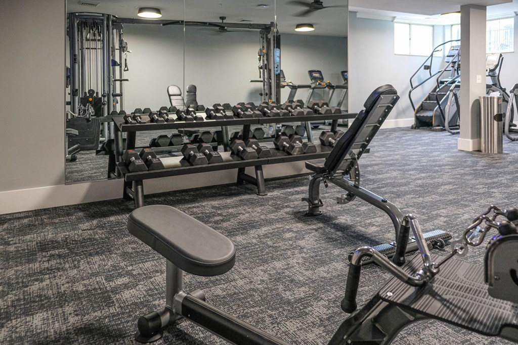 a room filled with cardio equipment and weights