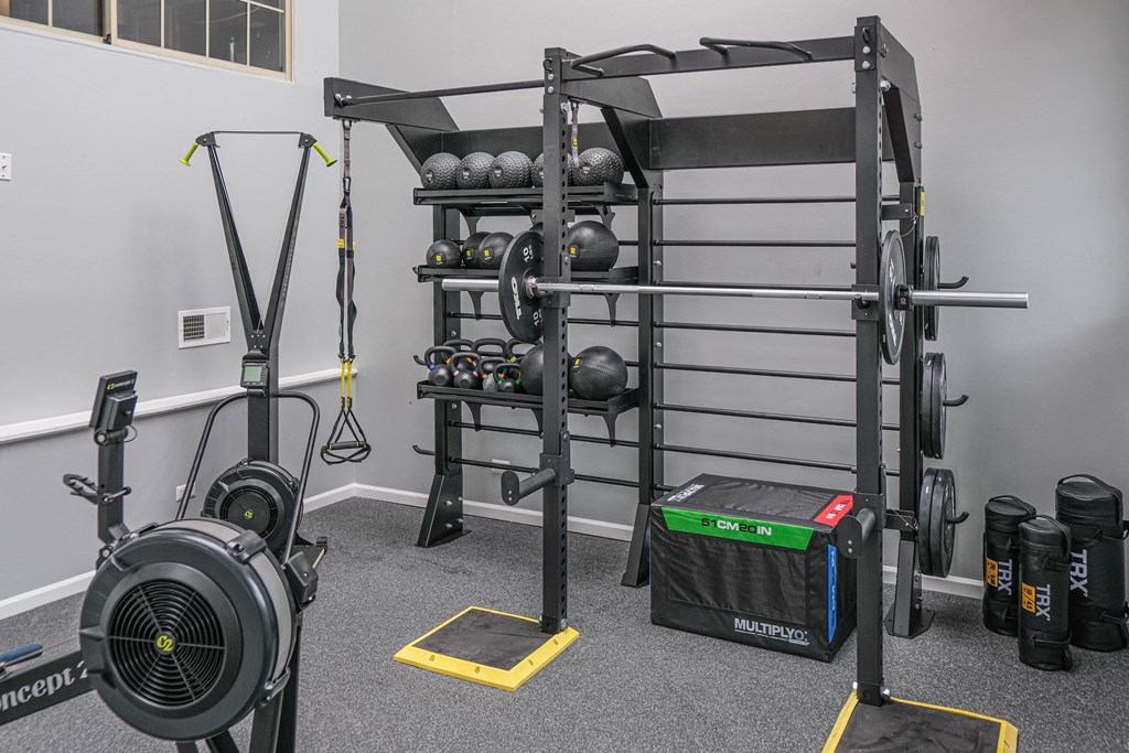 a home gym with a rack of weights and a weight machine