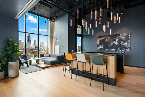 A modern office space with a view of the city skyline.