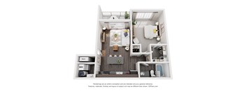 A 3D floor plan of a small apartment with a kitchen, living room, and bathroom.