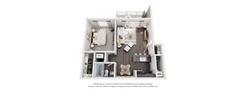 A 3D floor plan of a small apartment with a kitchen, living room, and bathroom.