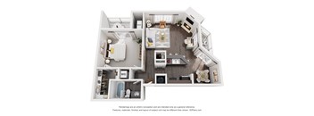 A 3D floor plan of a small apartment with a kitchen, living room, and bathroom.