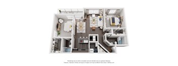 A 3D floor plan of a house with a kitchen, living room, and two bedrooms.