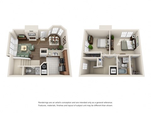 Tudor floor plan of a two bedroom apartment at Green Trails in Lisle, IL