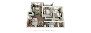 A 3D rendered image of a house layout.