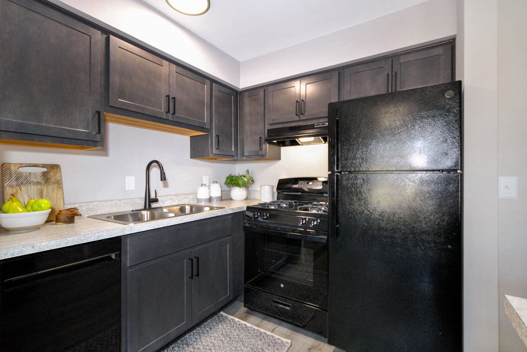 a kitchen with black appliances and black cabinets