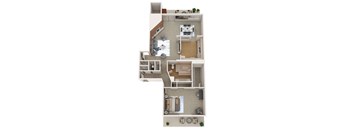 A floor plan of a house with a kitchen, living room, and bathroom.