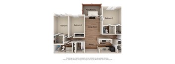 A 3D floor plan of a house with labeled rooms.