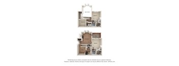 Two images of a house layout with a living room, dining room, kitchen, and two bedrooms.