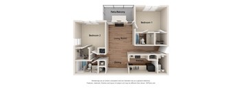 A 3D floor plan of a small apartment with two bedrooms, a living room, a kitchen, and a dining area.