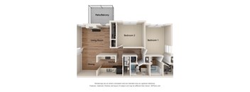 A 3D floor plan of a home with a living room, dining area, kitchen, and two bedrooms.