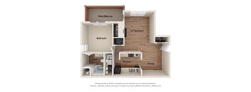 A 3D floor plan of a house showing a living room, kitchen, dining area, bedroom, bathroom and a patio/balcony.