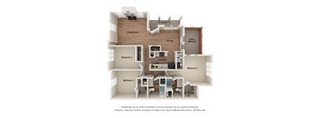 A 3D floor plan of a house with a living room, dining room, kitchen, and three bedrooms.