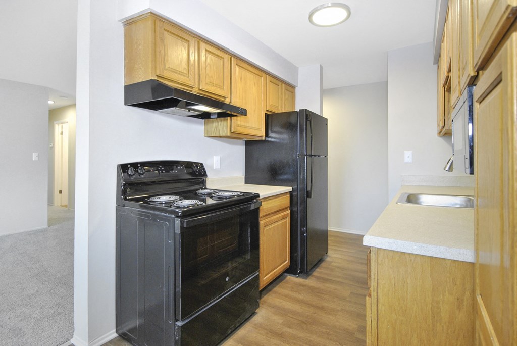kitchen with light cabinets and black appliances
