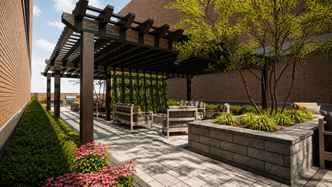 A wooden pergola over a patio with a bench and a planter.