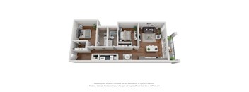 A 3D floor plan of a house with a kitchen, living room, and two bedrooms.