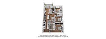 A 3D floor plan of a house with a kitchen, living room, and bedrooms.