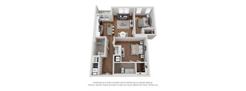 A 3D floor plan of a house with a kitchen, living room, dining room, and two bedrooms.