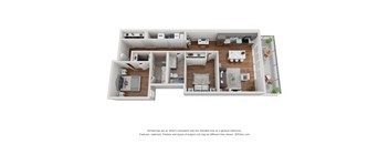 A 3D floor plan of a house with a kitchen, living room, and two bedrooms.