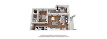 A 3D floor plan of a house with a kitchen, living room, and two bedrooms.