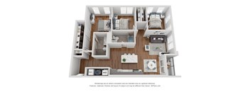 A 3D floor plan of a house with a kitchen, living room, and bathroom.