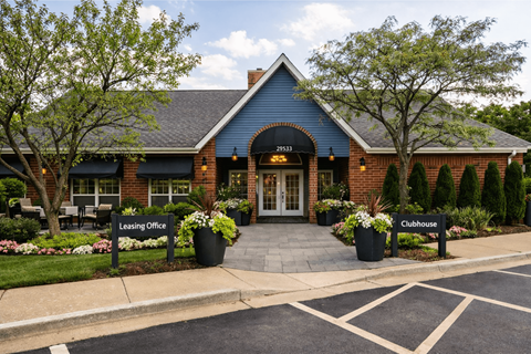 A blue building with a sign that says Leasing Office and Clubhouse.