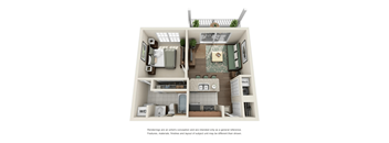 A 3D rendered image of a small apartment layout.