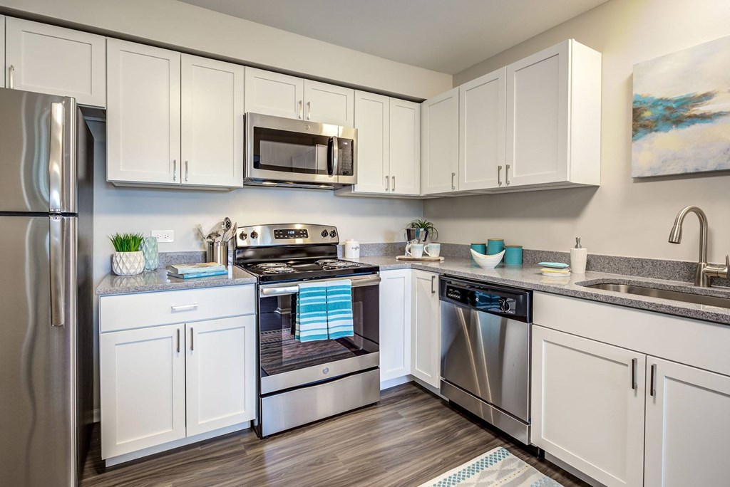A modern kitchen with white cabinets and stainless steel appliances.