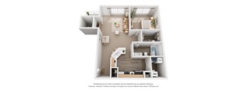 A 3D floor plan of a house with labeled rooms.