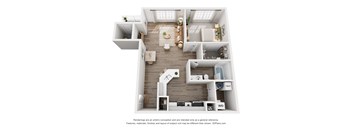 A 3D floor plan of a house with labeled rooms.