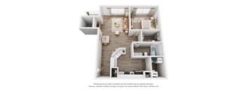 A 3D floor plan of a house with labeled rooms.