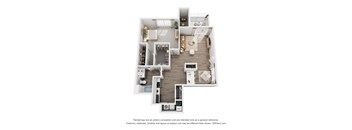 A 3D floor plan of a house with a kitchen, living room, and bathroom.