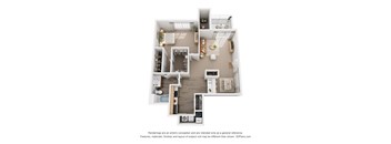 A 3D floor plan of a house with a kitchen, living room, and bathroom.