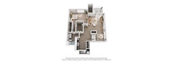 A 3D floor plan of a house with a kitchen, living room, and bathroom.
