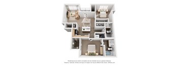 A 3D floor plan of a house with a kitchen, living room, and bathroom.