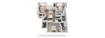 A floor plan of a two-story apartment with a living room, kitchen, and bedrooms.