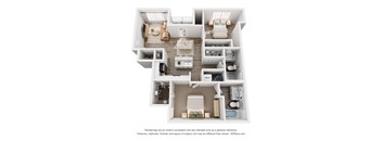 A 3D floor plan of a house with a kitchen, living room, and bathroom.