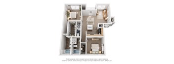 A 3D floor plan of a house with a kitchen, living room, and two bedrooms.