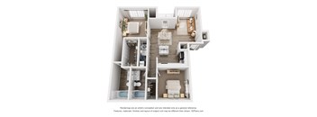 A 3D floor plan of a house with a kitchen, living room, and two bedrooms.